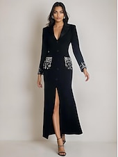 preiswerte Bodenlänge-Blazer-Kleid A-Linie Brautmutter Kleid Tuxedo-Kleid Elegant Hoher Schlitz Hemdkragen Bodenlange Stretchstoff Lange Ärmel mit Kristallen 2025