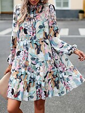 cheap Casual Floral Dresses-Women&#039;s Mini Dress Casual Dress A Line Dress Stylish Casual Vacation Daily Regular Fit Floral Long Sleeve Stand Collar Green Apricot Summer