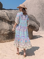 economico Abiti casual floreali-Per donna Abito lungo Abito lungo Abito boho Abito midi Informale Manica a sbuffo Interni Informale Giornaliero Standard Floreale Stile Boho Mezza manica A V Blu Estate Autunno