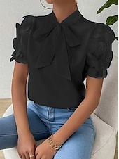 ieftine Topuri din dantelă-Bluză Pentru femei Negru Alb Roșu-aprins Culoare solidă / simplă Dantelă Funde Zilnic Elegant Guler în picioare Fit regulat S