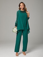 cheap Mom&#039;s Pant Suits-Jumpsuit / Pantsuit Mother of the Bride  Wrap Included Jewel Neck Floor Length Chiffon Lace 3/4 Length Sleeve with Beading