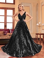 preiswerte Ballkleid-A-Linie Ballkleider Partykleid Abendparty Cocktailparty bodenlang ärmellos tiefer Ausschnitt Polyester mit Glitzer Kniefalten 2025