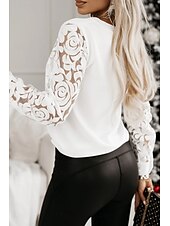 ieftine Topuri din dantelă-Bluză Pentru femei Negru Alb Culoare solidă / simplă Dantelă Zilnic Elegant În V Fit regulat S