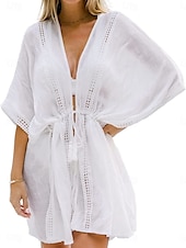preiswerte Strandkleider-Damen Badeanzug Zudecken Schwimm-Kleid Bademode Vorne binden Urlaub Strandbekleidung Feste Farbe V Ausschnitt Langarm Badeanzüge