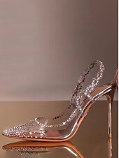 economico Prom-scarpe con tacco a spillo trasparenti da donna con cinturino posteriore e dettagli in strass – eleganti scarpe da sposa e da ballo