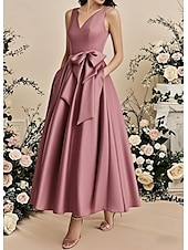 preiswerte Brautjungfernkleider-A-Linie Brautjungfernkleid V-Ausschnitt Ärmellos Elegant Knöchellänge Satin mit Schleife(n)  Falten