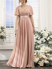 baratos Vestidos para Madrinhas-Linha A Vestido de Madrinha Decote V Manga Curta Elegante Longo Chiffon com Franzido 2022