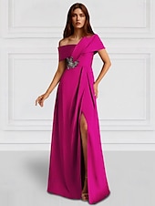 abordables Robes de Soirée-Robe de soirée A-Line élégante robe de mariage invitée de soirée longueur de sol sans manches épaule unique poche satin avec châle
