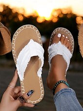 preiswerte Urlaubsandalen-blaue Flip-Flops mit ausgefransten Riemen für Damen – bequeme, lässige Strandsandalen mit Espadrille-Sohle – perfekt für den Sommerurlaub