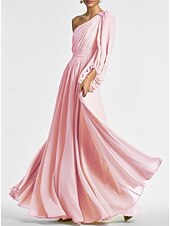 abordables JAUNE-Robe de soirée en A-Line robe élégante invitée de mariage formelle longueur au sol manches longues épaule dénudée ceinture  sash en satin avec fronces 2025