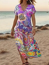 halpa Boho-mekot-Naisten Maksimekko Rento mekko A linjainen mekko Tyylikäs Vapaa-aika Loma Päivittäin Normaali Kukka Lyhythihainen V kaula-aukko Vaalea vaaleanpunainen Vaalea purppura Purppura Beesi Kevät Syksy