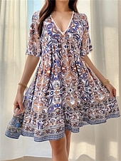 abordables Robes de vacances-Femme robe longue Robe casual Robe Trapèze Elégant mode Décontractées Vacances du quotidien Ample Graphic Manche Courte Col V Noir Jaune Bleu Vert Eté Printemps