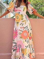 tanie Sukienki boho-Damskie Długa sukienka sukienka maxi Codzienne sukienki Letnie sukienki Sukienka Boho Moda Latarnia rękawem Na zewnątrz Święto Randka Regularny Geometryczny Krótki rękaw Z odsłoniętymi ramionami