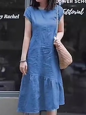 abordables Robes décontractées-Femme Robe Maxi Robe casual Robe en coton et lin Robe Trapèze basique Décontractées Vacances du quotidien Standard Plein Manche Courte Col Ras du Cou Jaune Rouge Bleu Violet Eté