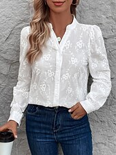 preiswerte Spitzenoberteile-Damen Hemd Bluse Feste Farbe Stilvoll Brautkleider schlicht Langarm Gekerbter Hals Normale Oberteile Täglich Spitze Patchwork Weiß Sommer Frühling