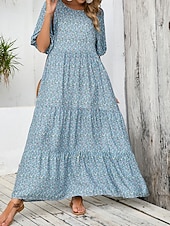 cheap Floral Dress-Women&#039;s Maxi Dress Puff Sleeve Dress Casual Lantern Sleeve Vacation Casual Daily Regular Fit Graphic 3/4 Length Sleeve Crew Neck Light Blue Summer