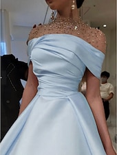 preiswerte Sekt-A-Linie Abendkleid Elegantes Kleid Formal Bodentiefe Kurzarm Illusion Ausschnitt Satin mit Raffung Perlen