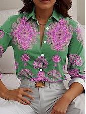 cheap Boho Tops-Women&#039;s Shirt Paisley Casual Long Sleeve Shirt Collar Regular Tops Work Daily Buttons Print Blue Green Spring Fall Winter