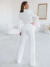 baratos Comprimento do chão-Conjunto de Calça 3 Peças Vestido da Mãe da Noiva Sem Laços Formal Convidada de Casamento Elegante Decote em V Colarinho de Camisa Comprido Tecido Stretch Wrap Incluído com Ruchado Cor Sólida