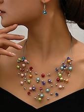 ieftine Colier de damă-set de colier și cercei cu mărgele multicolore pentru femei – bijuterii elegante pentru nunți, petreceri și ținute de seară