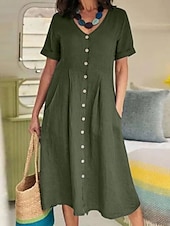 economico Vestiti-Per donna Abito Midi Abiti in cotone e lino Vestito Casual Essenziale Casual Vacanza Quotidiano Vestibilità regolare Semplice Manica Lunga Scollo a V Azzurro cielo Viola Verde Estate