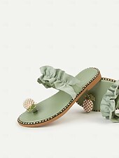 billiga Semester Sandaler-gröna volangsandaler för kvinnor – snygg pärlananasdetalj, bekväma platta sandaler för sommar, strand och fritidskläder