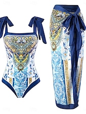 billiga One-piece-baddräkter-Dam Badkläder En bit 2 st Kjol Baddräkt Öppen rygg Magkontroll Hög midja Smal Semester Standkläder Blommig Rund Ärmlös Baddräkter