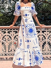 tanie Sukienki boho-Damskie Długa sukienka sukienka maxi Codzienne sukienki Letnie sukienki Sukienka Boho Moda Latarnia rękawem Na zewnątrz Święto Randka Regularny Geometryczny Krótki rękaw Z odsłoniętymi ramionami