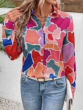 billiga Kvinnors Konst &amp; Design Toppar-Dam Skjorta Blommig Ledigt Långärmad Tröjkrage Vanliga toppar Arbete Dagligen Knappar Mönster Fuchsia Vår Höst Vinter