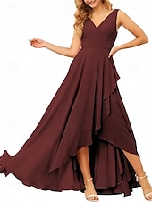 economico Abiti da damigella-Linea ad A Vestito da damigella Scollo a V Senza Maniche Elegante Asimmetrico Chiffon con Volant / Arricciatura 2022