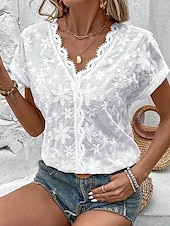 voordelige Witte t-shirt-Dames Blouse Kanten topjes Bloemig Dagelijks Stijlvol Basic Korte mouw V-hals Normale tops Werk Dagelijks Feestdagen Kanten rand Wit Zomer Lente