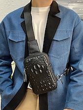 billige Herrevesker-svart krokodillepreget crossbody-veske i skinn for menn – kompakt slengveske med justerbar stropp for daglig bruk