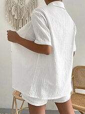 cheap Sets-Women&#039;s Fashion Streetwear Shirt Linen-Inspired Sets Two Piece Sets Below Knee Length Shorts Short Sleeve Shirt Collar Solid Color Drawstring Daily Wear Date White Green Khaki Summer Regular Fit