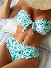 billiga Bikiniset-Dam Badkläder Bikini 2 st Kaxig Baddräkt Öppen rygg Smal Semester Standkläder Blommig Axelbandslös Ärmlös Baddräkter