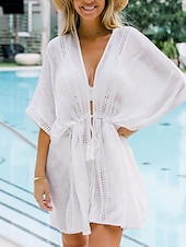 preiswerte Strandkleider-Damen Badeanzug Zudecken Schwimm-Kleid Bademode Vorne binden Urlaub Strandbekleidung Feste Farbe V Ausschnitt Langarm Badeanzüge