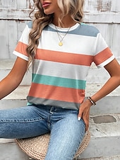 abordables T-shirt rayé et géométrique-t-shirt femme rayé décontracté à manches courtes col rond hauts réguliers imprimé quotidien vert été