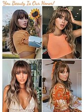 baratos Perucas Sintéticas sem Touca-peruca marrom claro com franja longa ombre perucas onduladas para mulheres brancas, cabelo sintético branco acinzentado resistente ao calor, natural melhores perucas para halloween/natal/cosplay/festa