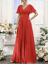 baratos Vestidos para Madrinhas-Linha A Vestido de Madrinha Decote V Manga Curta Elegante Longo Chiffon com Franzido 2022