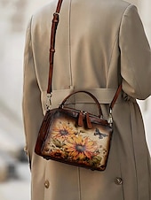tanie Torby i torebki-torebka ze skóry vintage z nadrukiem słonecznika i motyla – stylowa torebka typu crossbody dla kobiet, idealna na co dzień i na wyjścia na zewnątrz czerwony brązowy zielony