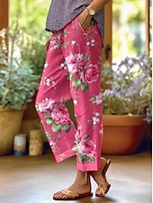 baratos Calças de perna reta-Calças de Algodão e Linho Femininas Calças Largas Estilo Linho Moda Estilo de Rua Comprimento Total Cintura Alta Estampas Gráficas Florais Térmicas Quentes Respirável Macio Microelástico Para o Dia a