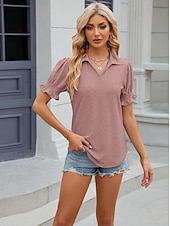 cheap Lace Tops-Women&#039;s Boho T-shirt Plain Bohemia Cute Stylish Short Sleeve Puff Sleeve V Neck Shirt Collar Regular Tops Daily Going out Weekend Ruffle Eyelet Sage Green Black White Pink Wine Summer