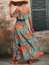 preiswerte Blumenkleider-Damen Midi Kleid Korsett Kleid Rüschens Kleid Off-the-Shoulder Kleid Urlaub Strand Urlaub Täglicher Regular Fit Grafik Kurzarm Off-Shoulder Gelb Hellgrün Himmelblau Orange Sommer