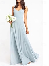 baratos Vestidos para Madrinhas-Linha A Vestido de Madrinha Decote V Sem Manga Azul Longo Chiffon / Elastano com Faixa / Fita / Pregueado / Cor Única 2022