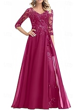 cheap Floor Length-A-Line Mother of the Bride Dress Wedding Guest Elegant V Neck Floor Length Chiffon 3/4 Length Sleeve with Beading Appliques