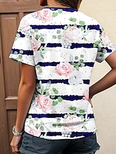 billige Stripe og geometrisk t-skjorte-Dame T skjorte Blomstret Stripet Fritid Kortermet Hals med hakk Vanlige topper Daglig Trykt mønster Navyblå Sommer Vår
