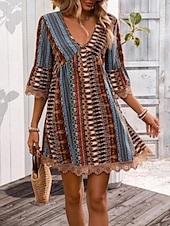 tanie Sukienki boho-Damskie Sukienka mini Codzienne sukienki Sukienka Boho Elegancki Codzienny Urlop Codzienny Regularny Graficzny Geometryczny Rękaw 3/4 W serek Rumiany róż Czerwony Niebieski Lato