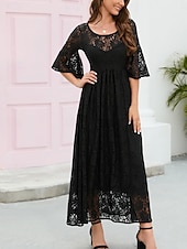 tanie Formalne zimowe-Damskie Sukienka midi Koronkowa sukienka Sukienka maxi Sukienka A line Elegancja Elegancki Codzienny Rozkloszowany rękaw Urlop Impreza Codzienny Regularny Równina Krótki rękaw Półgolf Czarny Wino