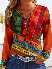 abordables T-shirt Boho-Femme T shirt Abstrait Décontractées manche longue Col cranté Hauts réguliers du quotidien Imprimer Rouge Printemps Automne