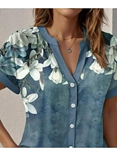 abordables Tops Florales-Camisa de mujer floral gráfica estilosa de playa manga corta cuello blusas regulares estampado de botones azul verano y primavera