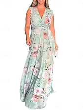 cheap Elegant Floral Dresses-Women&#039;s Maxi Dress A Line Dress Summer Dress Stylish Casual Vacation Daily Regular Fit Floral Short Sleeve V Neck Light Green Sky Blue Light Blue Summer